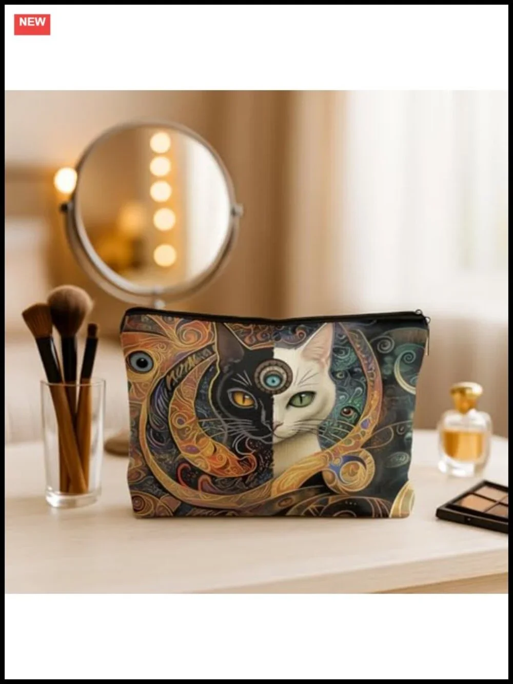 Boho Witchy Cat Makeup Bag, Waterproof Linen Cosmetic Pouch, Travel Toiletry